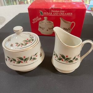 VTG Bradlees Porcelain Ware 5” Sugar + Creamer Set Holly Yuletide Original Box